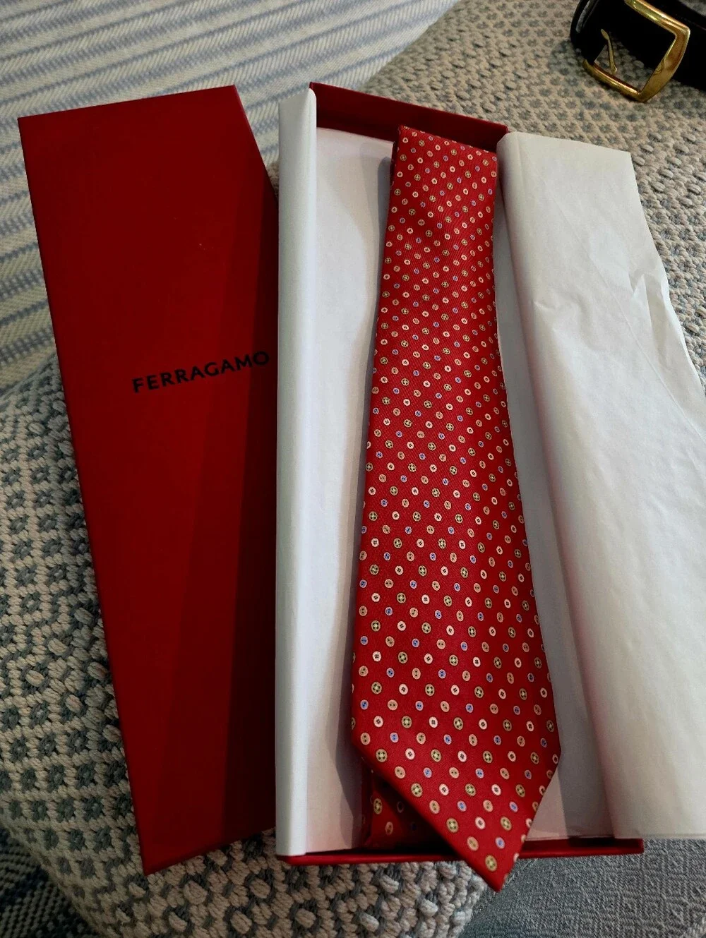 Salvatore Ferragamo Red Silk Tie with Small White and Gold Button Print